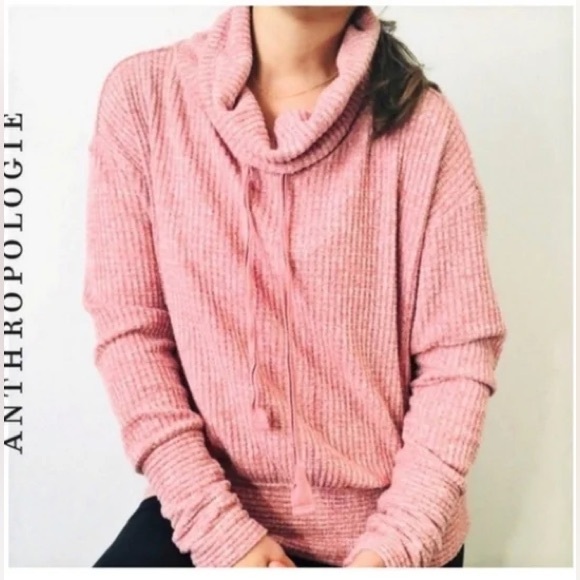Anthropologie Saturday Sunday Pink Waffle Knit Cowl neck pull over sweater - Picture 2 of 9